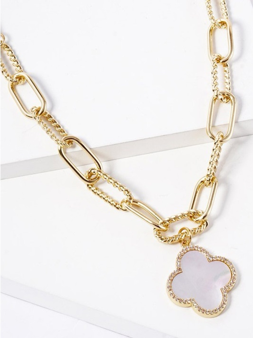Gold Dipped White Clover Paperclip Necklace (8522) - Picture 1 of 2
